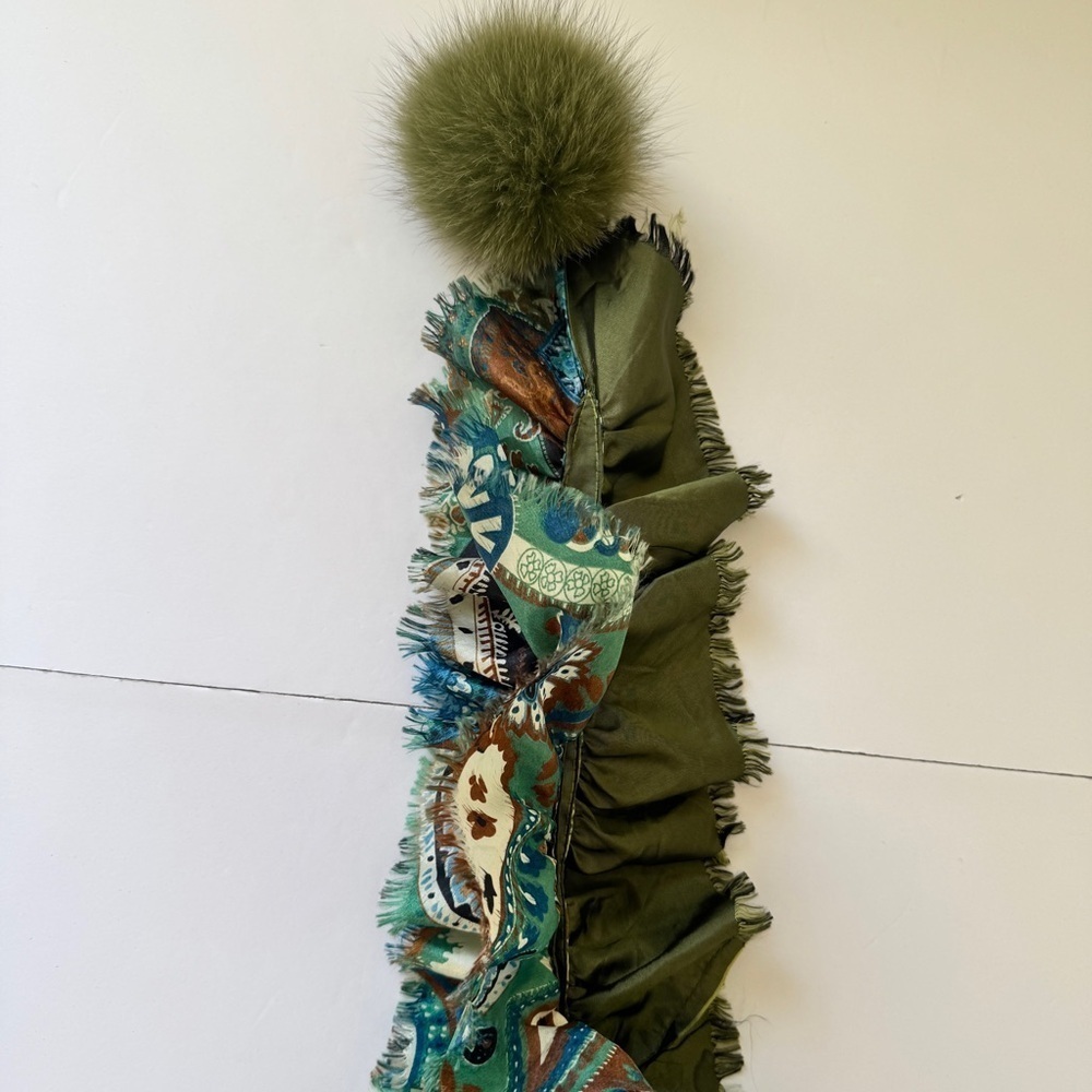 Scarf Ruffle Printed Solid Rabbit Fur Pom-Pom Green Made in France Art to Wear - Picture 10 of 12
